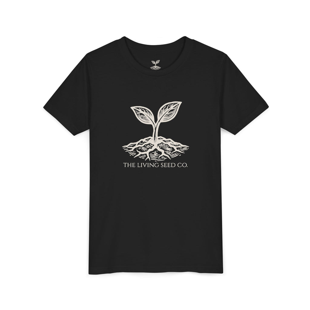 The Original Youth Tee in Black — flat mockup — black youth t-shirt featuring The Living Seed Co. sprouting seed graphic in parchment ink. Bella+Canvas 3001Y.