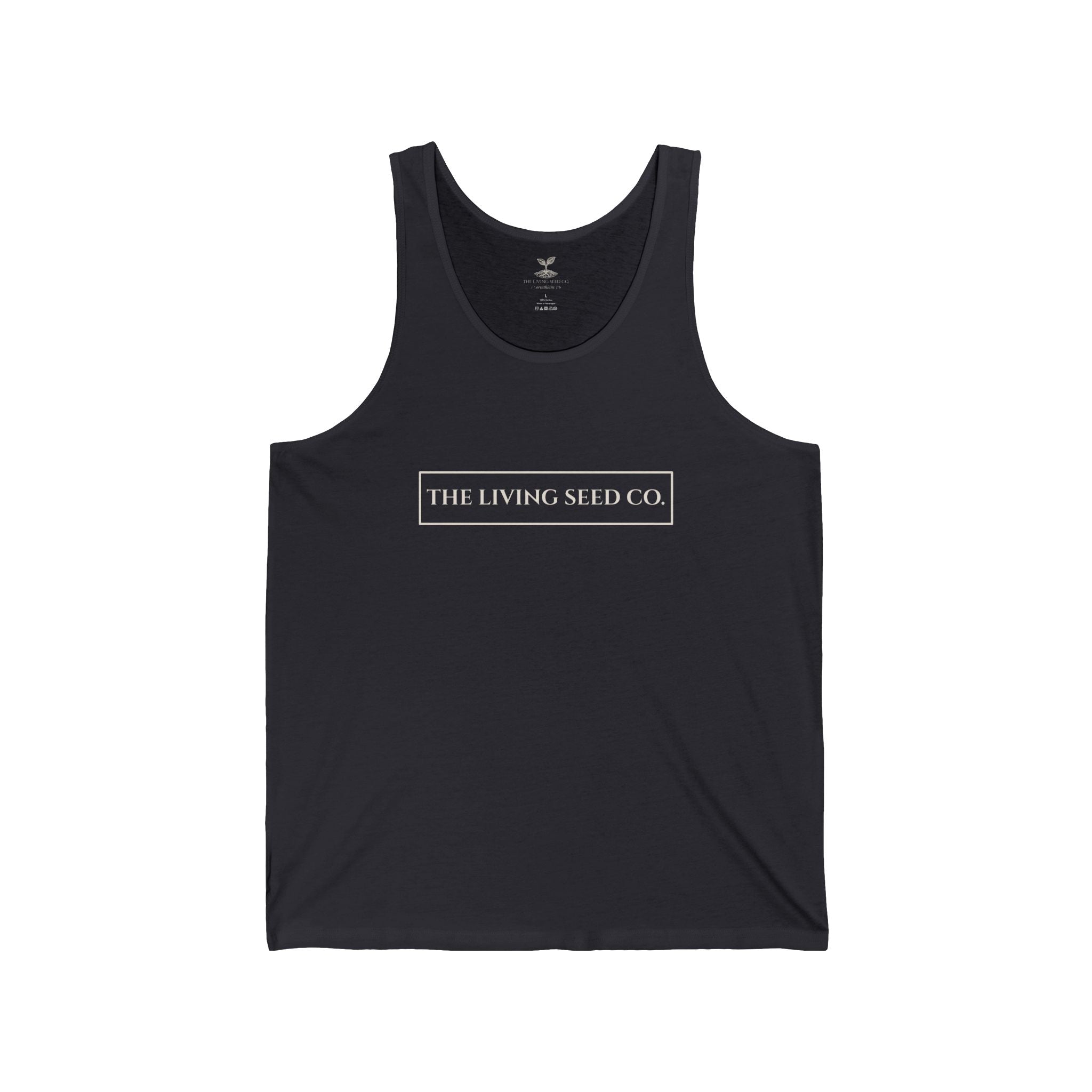 The Original Tank in Dark Grey — front view flat mockup — dark grey unisex tank top featuring The Living Seed Co. boxed wordmark on chest in parchment ink. Bella+Canvas 3480.
