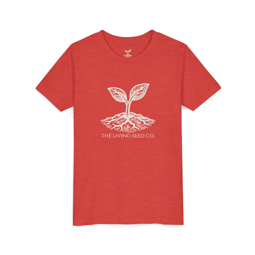The Original Youth Tee in Heather Red — flat mockup — red heather youth t-shirt featuring The Living Seed Co. sprouting seed graphic in parchment ink. Bella+Canvas 3001Y.