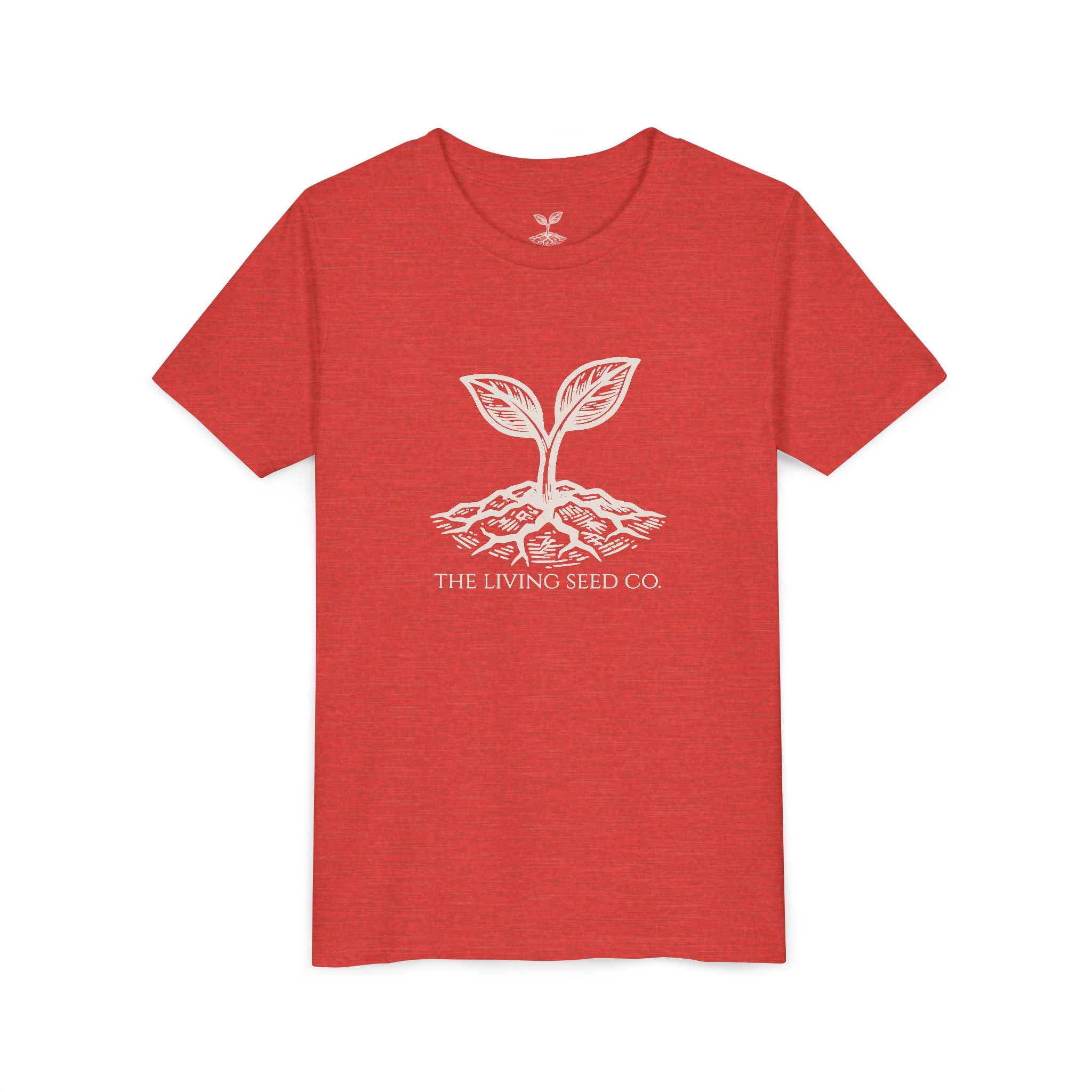 The Original Youth Tee in Heather Red — flat mockup — red heather youth t-shirt featuring The Living Seed Co. sprouting seed graphic in parchment ink. Bella+Canvas 3001Y.