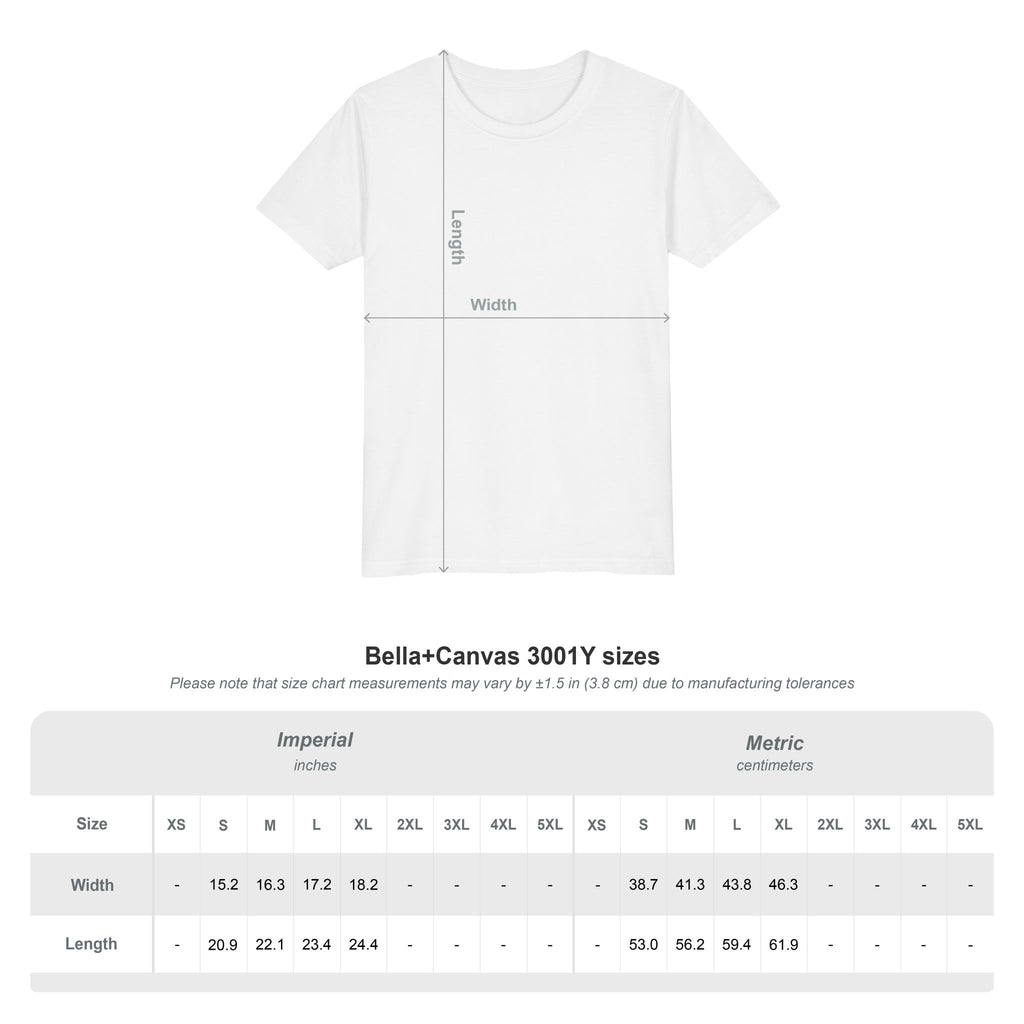 Bella+Canvas 3001Y size chart showing width and length measurements in inches and centimeters for sizes XS through XL youth.