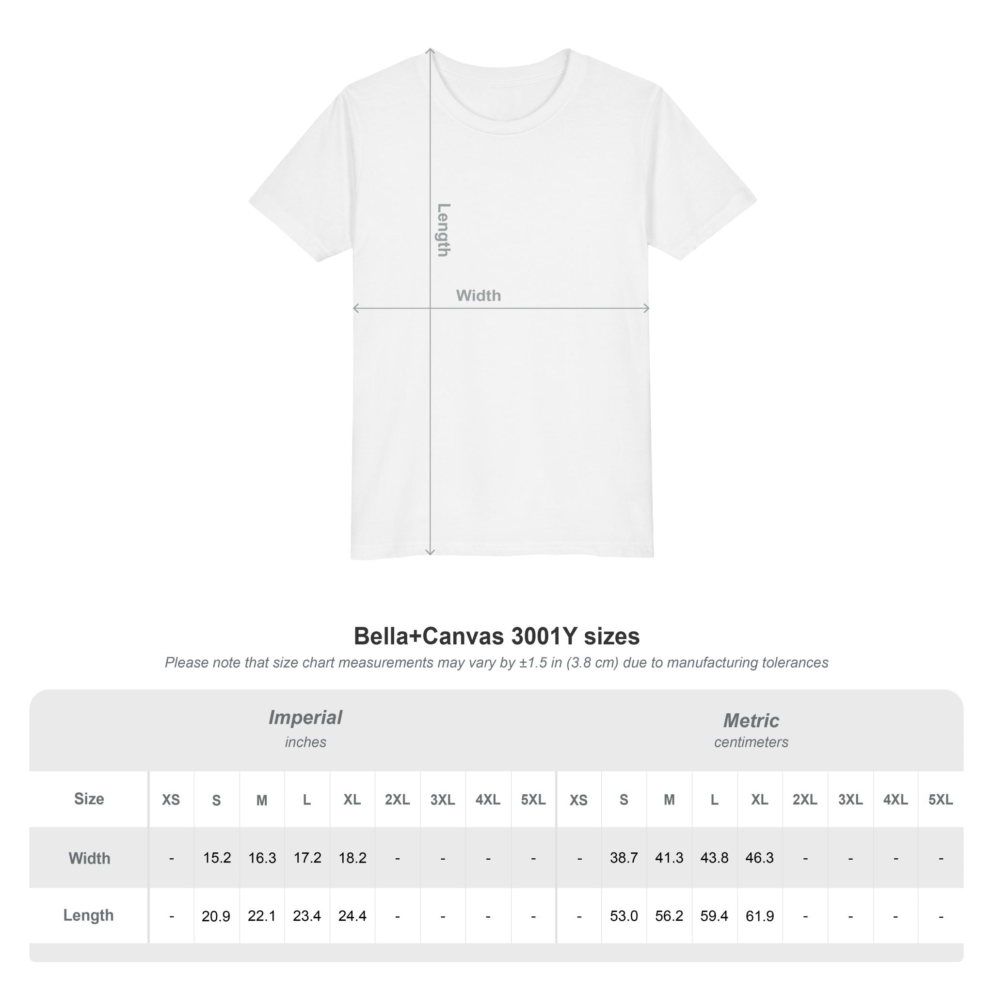 Bella+Canvas 3001Y size chart showing width and length measurements in inches and centimeters for sizes XS through XL youth.