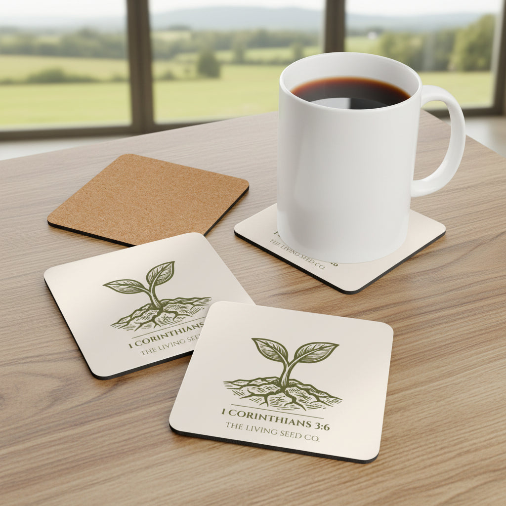 Set of four Parchment coasters featuring The Living Seed Co. sprouting seed graphic and 1 Corinthians 3:6, displayed on a wooden table with a white ceramic mug and green field view