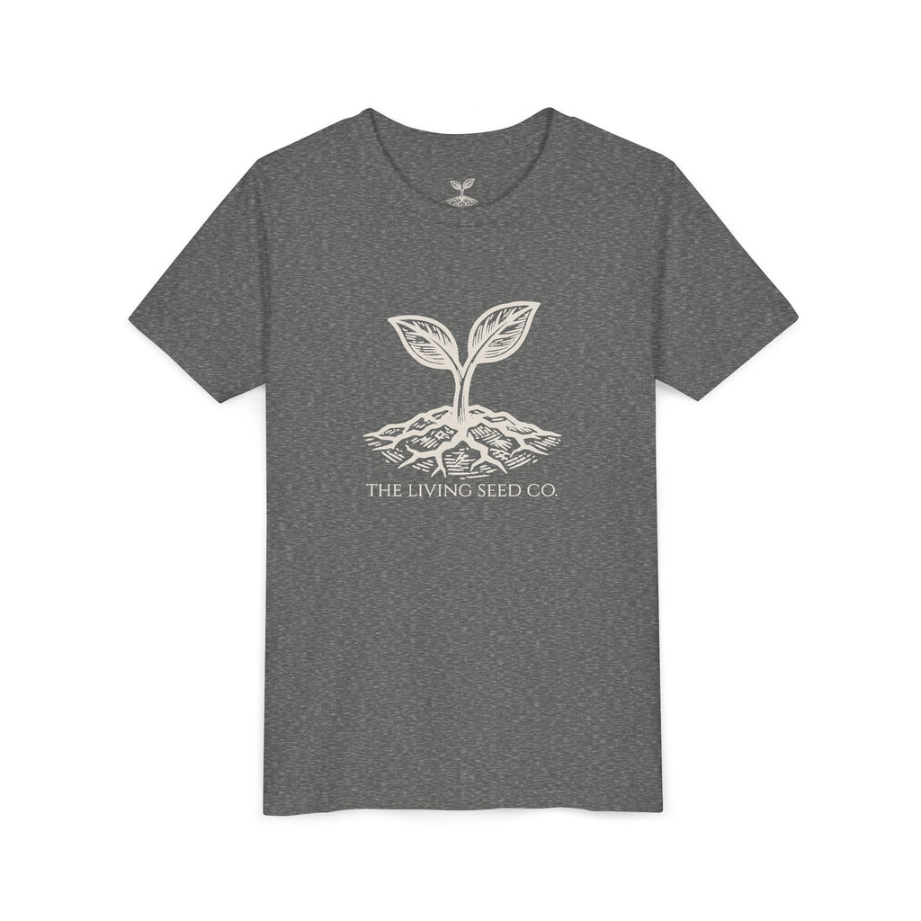 The Original Youth Tee in Dark Grey Heather — flat mockup — dark grey heather youth t-shirt featuring The Living Seed Co. sprouting seed graphic in olive ink. Bella+Canvas 3001Y.