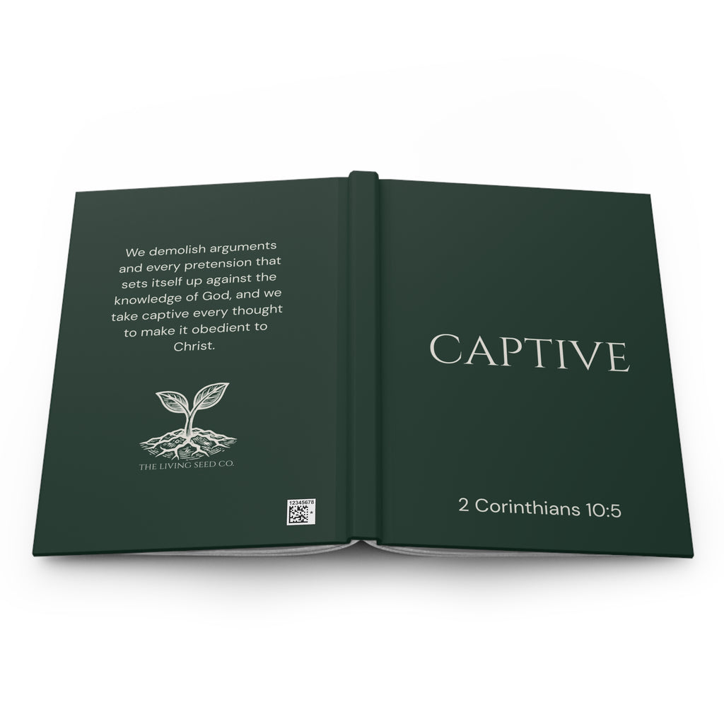 Scripture Series CAPTIVE Journal in Forest Deep — open view — showing back cover with 2 Corinthians 10:5 full verse and The Living Seed Co. logo alongside front cover with CAPTIVE title and scripture reference.