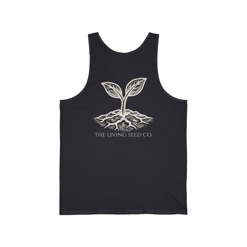 The Original Tank in Dark Grey — back view flat mockup — dark grey unisex tank top featuring The Living Seed Co. etching-style sprouting seed graphic in parchment ink with wordmark below. Bella+Canvas 3480.