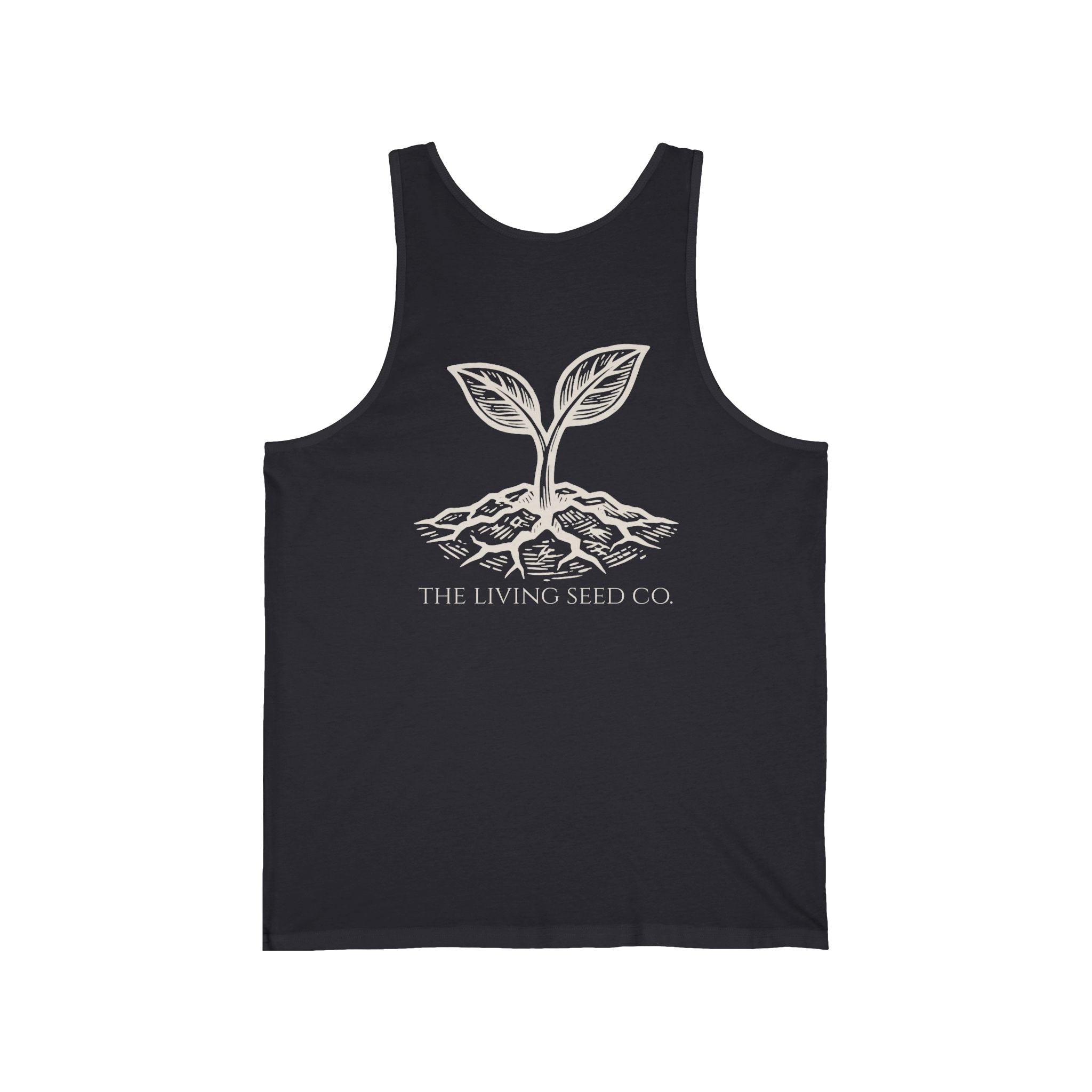 The Original Tank in Dark Grey — back view flat mockup — dark grey unisex tank top featuring The Living Seed Co. etching-style sprouting seed graphic in parchment ink with wordmark below. Bella+Canvas 3480.